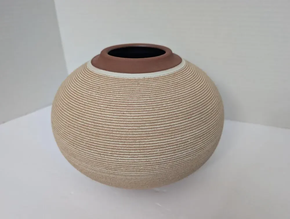 Renee Margolin Studio Pottery Vase Fine Grooved Sphere Ceramic Art Piece